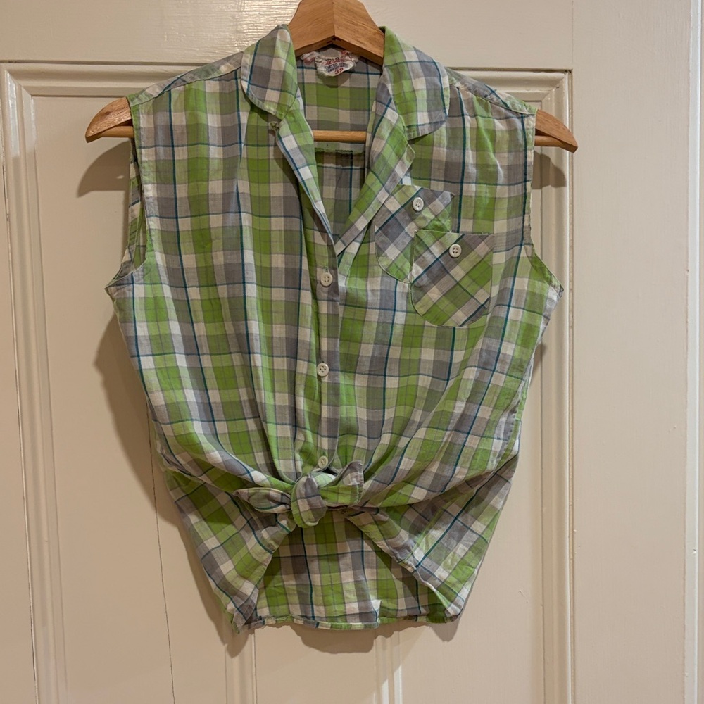 Green Plaid Sleeveless Crop Top